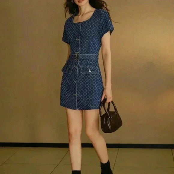 Blue Women's Flap Detail Buckle Belted Swiss Dot Denim Dress - Picture 5 of 8